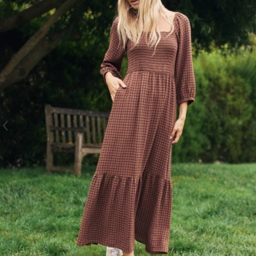 Marine Layer Brown Checked Smocked Midi Dress